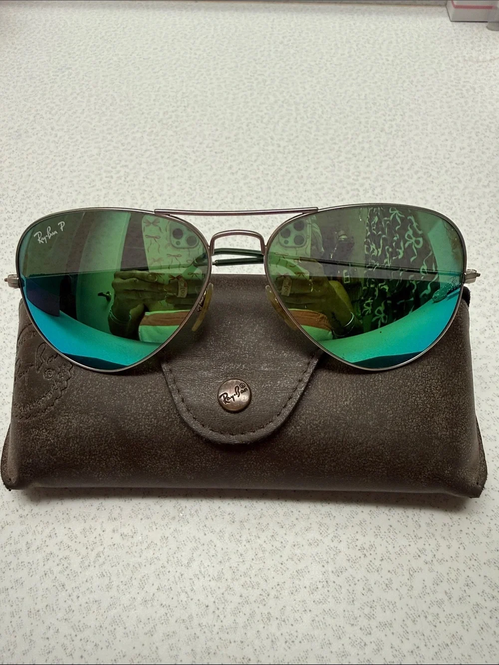Ray-Ban Silver Frame Aviator Sunglasses with Blue Green tint
